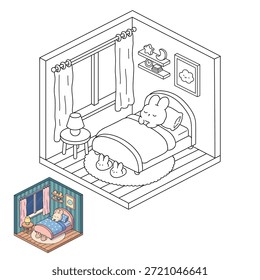 Bunny sleeping on bed coloring pages for kids. Trace and color bunny. Coloring page of a cozy isometric bedroom illustration featuring a cute bunny sleeping on bed. Cute cozy illustration coloring page for kids and adult.