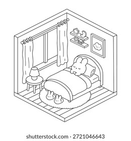 Bunny sleeping on bed coloring pages for kids. Trace and color bunny. Coloring page of a cozy isometric bedroom illustration featuring a cute bunny sleeping on bed. Cute cozy illustration coloring page for kids and adult.