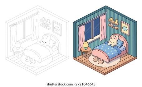 Bunny sleeping on bed coloring pages for kids. Trace and color bunny. Coloring page of a cozy isometric bedroom illustration featuring a cute bunny sleeping on bed. Cute cozy illustration coloring page for kids and adult.