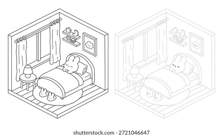 Bunny sleeping on bed coloring pages for kids. Trace and color bunny. Coloring page of a cozy isometric bedroom illustration featuring a cute bunny sleeping on bed. Cute cozy illustration coloring page for kids and adult.