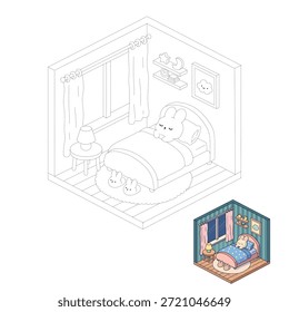 Bunny sleeping on bed coloring pages for kids. Trace and color bunny. Coloring page of a cozy isometric bedroom illustration featuring a cute bunny sleeping on bed. Cute cozy illustration coloring page for kids and adult.