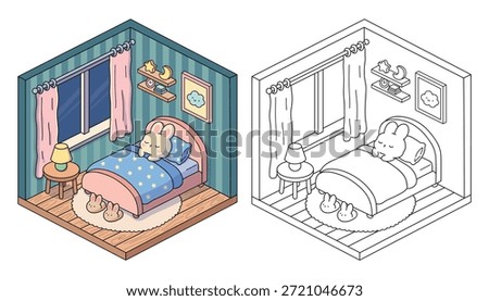Bunny sleeping on bed coloring pages for kids. Trace and color bunny. Coloring page of a cozy isometric bedroom illustration featuring a cute bunny sleeping on bed. Cute cozy illustration coloring page for kids and adult.
