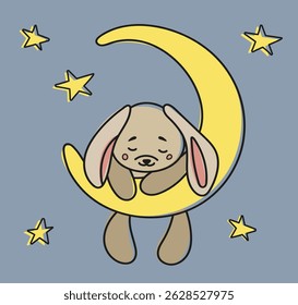 Bunny Sleeping On The Moon In Cartoon-Style Vector Illustration