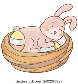A bunny sleeps inside an Easter egg nest surrounded by branches