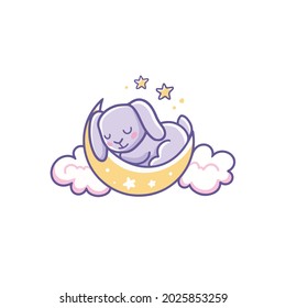 Bunny sleeps on the moon in the  clouds. Hand drawn vector outline character illustration with theme childcare