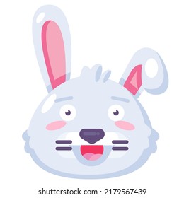 Bunny smiling with teeth funny cute emoji vector. Fluffy wild rabbit animal with wide open eyes and mouth feeling happy. Rodent smile positive emotion. Happiness emoticon flat cartoon illustration