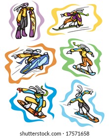 Bunny snowboarding. Great for t-shirt designs, mascot logos and other designs. Vinyl-ready.
