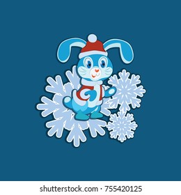 Bunny and snowflake on a blue background. Sticker. Children's picture. A cartoon character. Design for the sample, emblem, children's book, background image.