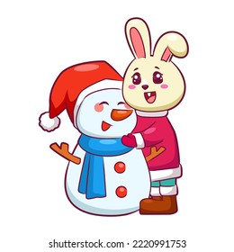 Bunny and snowman character cartoon in winter season