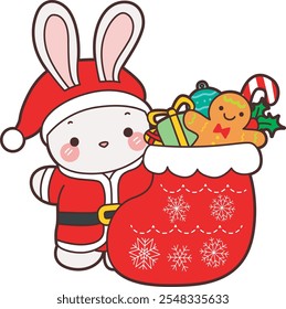 bunny with socks and ginger bread. Cute Christmas Bunny stock illustration. Funny bunny christmas for sticker elements. 