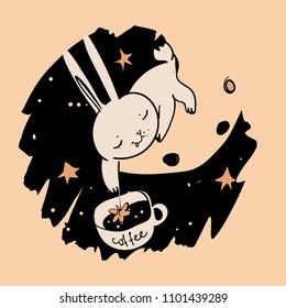 Bunny in space with coffee. Cute Vector Illustration.