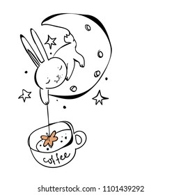 Bunny in space with coffee. Cute Vector Illustration. Print for souvenirs and caffeine