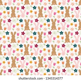 Bunny & spring flowers, floral Easter seamless vector pattern