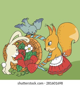 bunny, squirrel and sparrow near baskets of strawberries