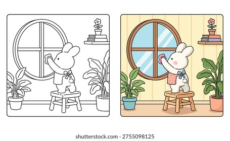 A bunny standing on a stool cleaning the window coloring page for adult and kids. Cozy coloring page of a cute bunny standing on a stool cleaning a dusty window. Cute cozy illustration coloring page. Children storybook illustration style. Interior room with bookshelves and plants.