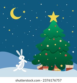 Bunny stands at New Year tree with gifts at night. Birthday eve. Christmas night in forest with hare. Festive winter card with rabbit, fir tree, moon, stars and snow, vector illustration