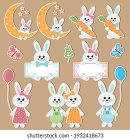 Bunny Sticker Set, color isolated vector illustration