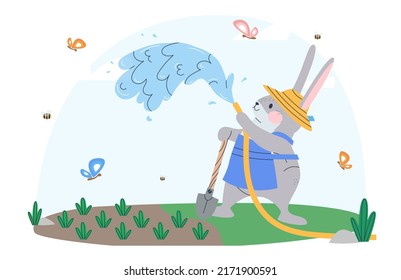 A bunny in a straw hat waters his garden with plantings with water from a hose. Rabbit farmer at work. Flat vector illustration. Eps10