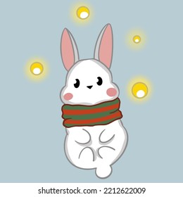 bunny in a striped scarf among lights christmas illustration happy new year