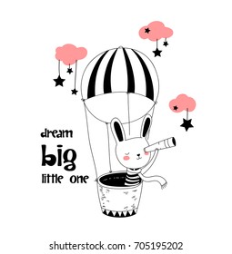 bunny in a stripped tee and scarf is sitting in a basket of a flying hot air balloon and looking at the stars through the spyglass. childish hand drawn vector for t-shirts, wall art, baby shower etc