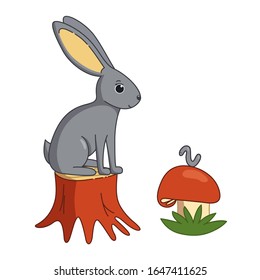 Сute bunny an the stump and worm at the mushroom. Vector illustration in cartoon style