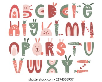 Bunny Stylized Letter Set. Decorative Easter Alphabet Clip art. Vector illustration.