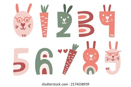 Bunny Stylized Number Set. Decorative Easter Clip art with numerals. Vector illustration.