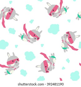 Bunny super hero. Cartoon style  vector seamless pattern.
