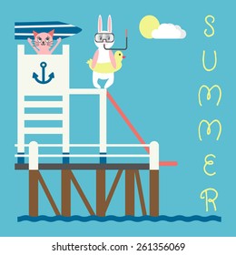 A Bunny with Swim Ring and a Cat with Surfboard are Playing Water Slide at the Dock
