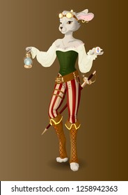 Bunny with sword, compass and sea lantern. Vector in steampunk style.