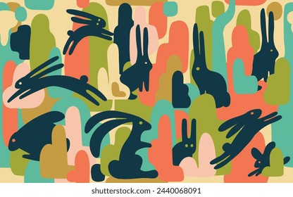 bunny symbol in fancy forest. Abstract trippy vector illustration  with animals, rabbits and trees. Multicolored seamless expressive fantastical pattern 