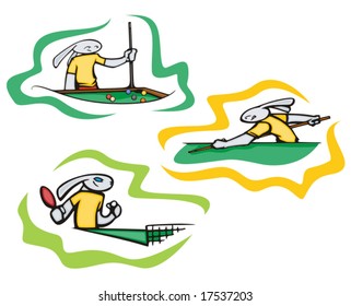 Bunny table tennis and billiard, vector. Great for t-shirt designs, mascot logos and other designs. Vinyl-ready.