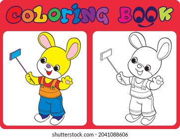 The bunny takes a selfie. Cartoon character. Coloring.