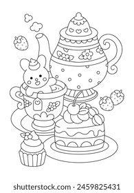 Bunny tea party with cake doodle coloring page illustration