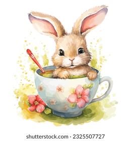 Bunny in teacup cartoon in watercolor