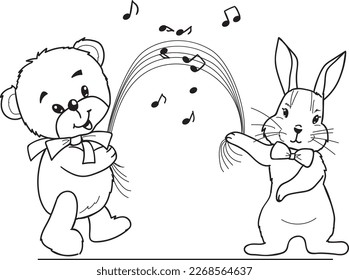 A bunny and a teddy bear hold a rainbow in their hands. Coloring 2023
