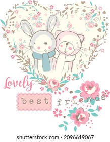 Bunny and teddy bear theme vector can be used for baby t-shirt print, fashion print design, kids wear, baby shower, bedding set, wallpaper, celebration, greeting cards and invitation.