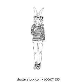 bunny teen girl with mobile phone, furry art illustration, fashion animals