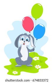 bunny with three balloon  in green grass, butterfly,   blue and white background,  vector illustration