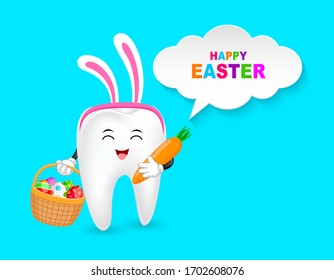Bunny tooth character with Easter eggs basket and carrot. Happy Easter day. Illustration on blue background.