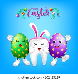 Bunny tooth character with happy eggs of  Easter day. Dental Easter, illustration