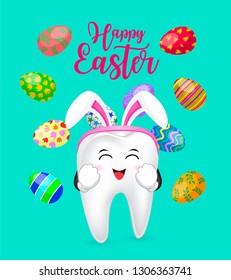 Bunny tooth with Easter eggs. Cute cartoon character design. Happy Easter day. Vector Illustration isolated on blue background.