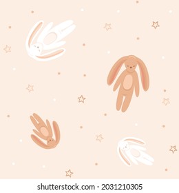 Bunny toy seamless pattern. Hand drawn outline stars on beige background. Vector illustration with cute sleeping animal, kids print for textile, fabric, nursery, bedroom.