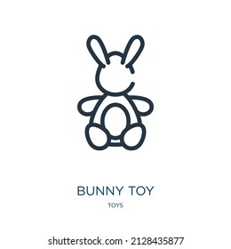 icono de la línea delgada del juguete del conejito. conejito, adorables iconos lineales de la señal de contorno aislado del concepto de juguetes. Elemento de símbolo de ilustración vectorial para diseño web y aplicaciones.