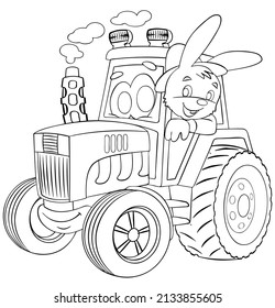 bunny in the tractor, rabbit, cartoon, coloring pages, outline, thin line