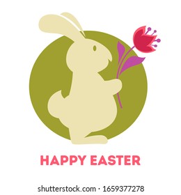 Bunny tulips and colored eggs Easter holiday symbols vector emblem red ribbon with blank space for greeting animal silhouette painted shell rabbit or hare spring plants Christianity traditions.