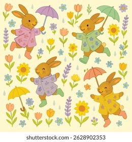 Bunny with Umbrellas and Raincoats Print Design in Vector