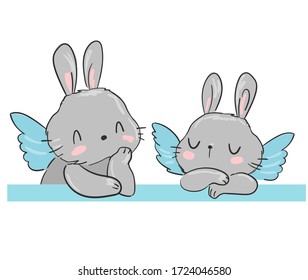 Bunny vector. Fresco Angels rabbit with wings illustration. Magic. Children's print and poster.