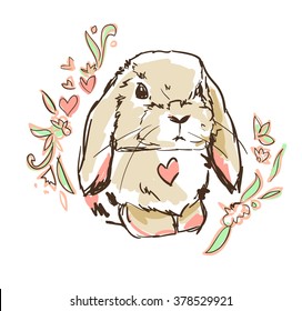 Bunny vector illustration. Cute hare, flowers, rabbit sketch vector illustration
