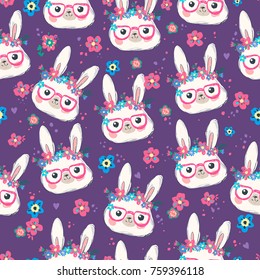 Bunny Vector Illustration pattern seamless, Rabbit and flowers
